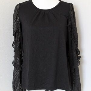 Black Sheer Polka Dot & Rufle Long Sleee Mixed Media T-Shirt
